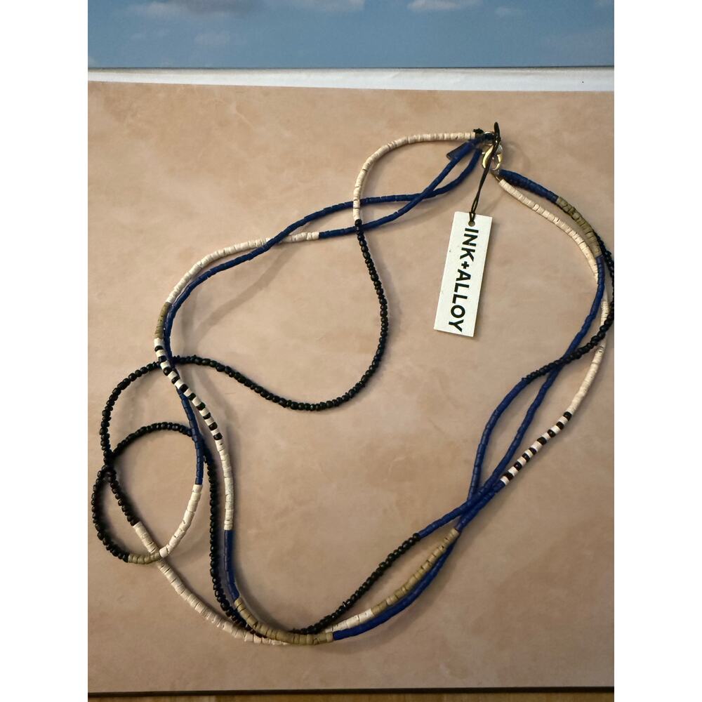 NWT INK + ALLOY Triple Strand Blue, Green & White Beaded Layering Necklace